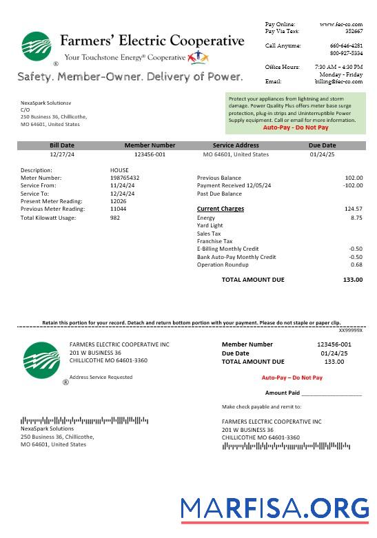 Printable USA Ohio Farmer’s Electric Cooperative business utility bill template in Word an PDF formats